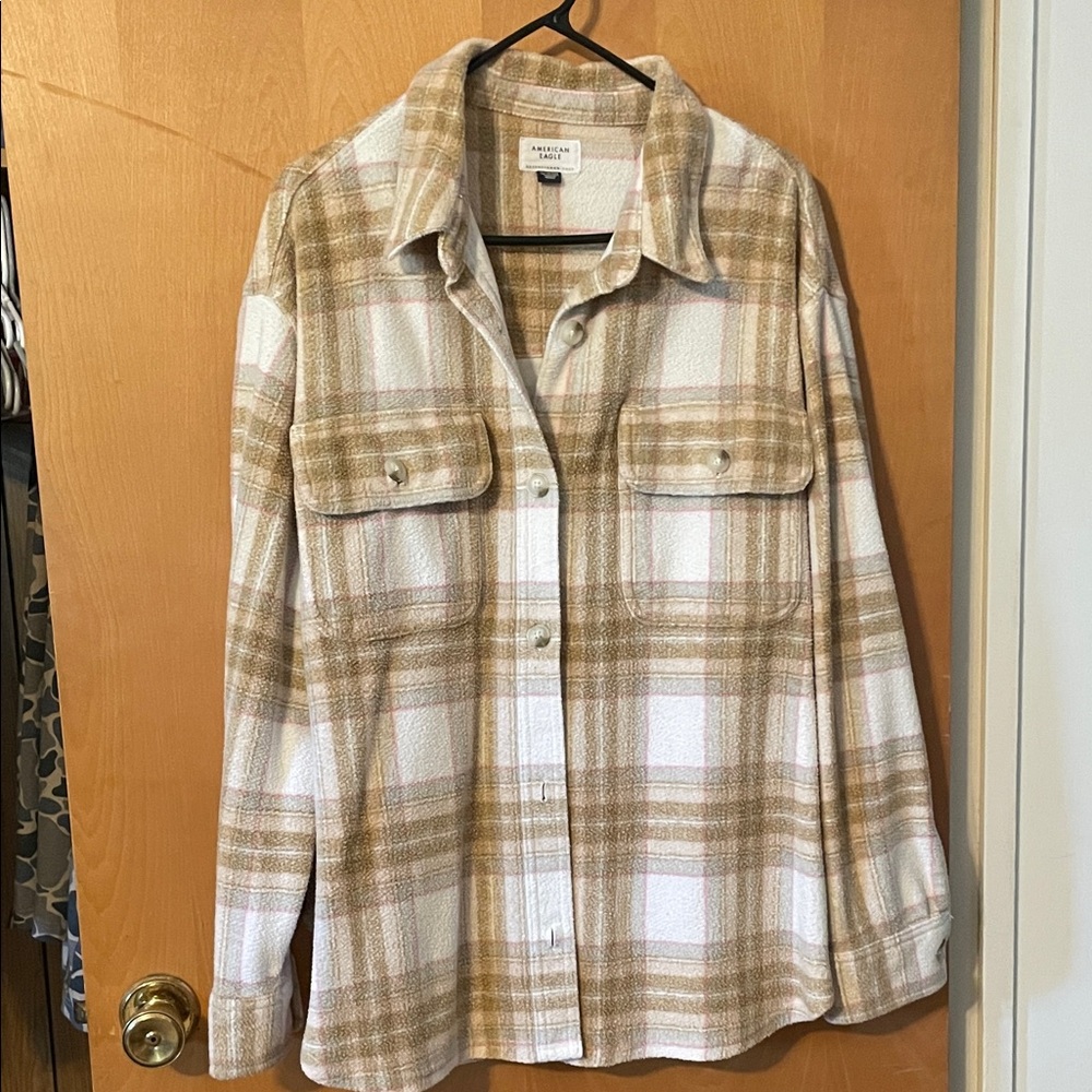 American Eagle Outfitters Women's Plaid Utility Jacket in Tan and Cream